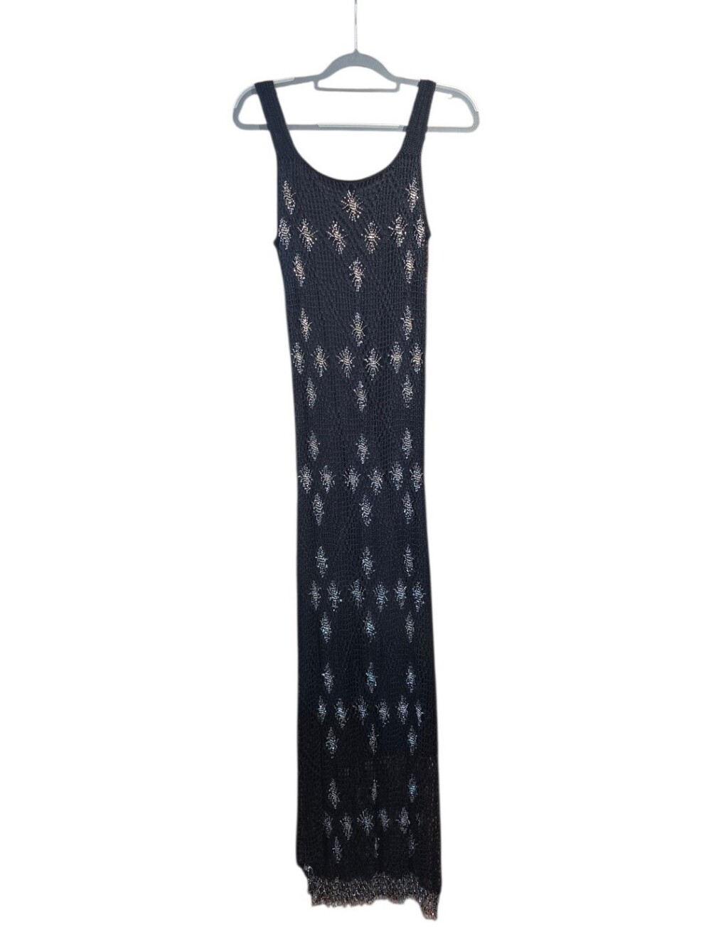 Krochetta By Papillon Black Crochet Silver Beaded Sleeveless Maxi Dress XL